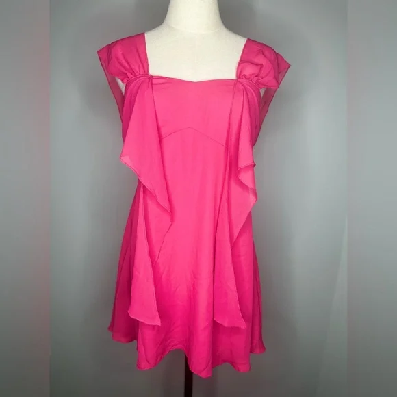 NWT Revolve MORE TO COME Makaela Neon Hot Pink Ruffle Mini Dress Size S Fringe - Picture 3 of 7